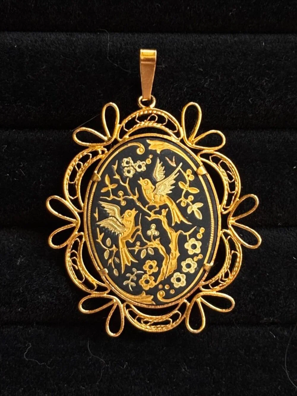 Vintage damascene bird pendant